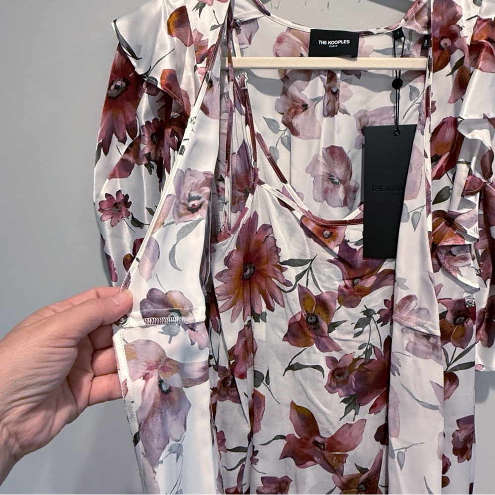 The Kooples Dress Silk Floral Print Wrap Mini Pink White Puff Sleeves Boho NWT - Picture 8 of 14